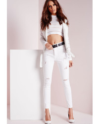 Missguided High Waisted Ripped Skinny Jean White