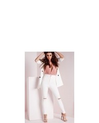 Missguided Vice Super Stretch High Waisted Ripped Skinny Jeans White
