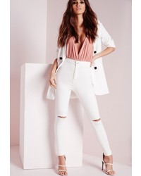 Missguided Vice Super Stretch High Waisted Ripped Skinny Jeans White