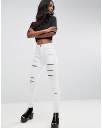 Asos Ridley High Waist Skinny Jeans In Optic White With Shredded Rips