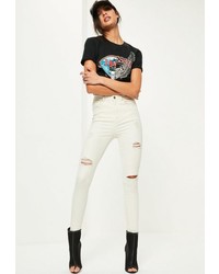 Missguided White High Waisted Ripped Skinny Jeans