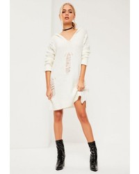 Missguided White Distressed Oversize Hooded Sweater Dress