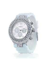Bling Jewelry Geneva Rubber Silicone Cz Bezel Chronograph White Watch