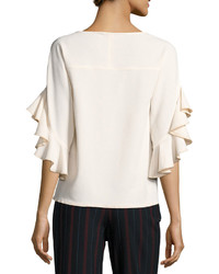 See by Chloe Boat Neck Ruffled Sleeve Crepe Top White