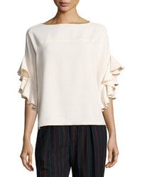 See by Chloe Boat Neck Ruffled Sleeve Crepe Top White