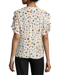 Alexander McQueen Obsession Print Ruffled Short Sleeve Blouse Ivorymix
