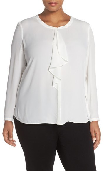 white ruffle front blouse plus size