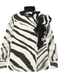 Lanvin Ruffled Zebra Print Silk Chiffon Blouse Ivory