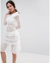 White Ruffle Denim Midi Dress