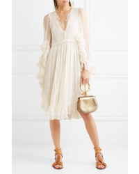 Chloé Ruffled Crocheted Lace Paneled Silk Crepon Dress White