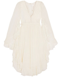Chloé Ruffled Crocheted Lace Paneled Silk Crepon Dress White