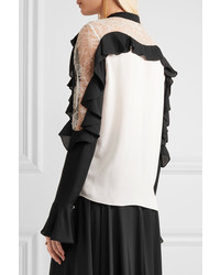 Elie Saab Lace Paneled Ruffled Silk Blend Georgette Blouse Off White