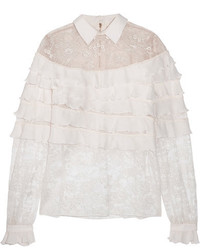 Elie Saab Ruffled Georgette And Lace Blouse Off White