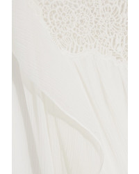 Chloé Ruffled Guipure Lace Paneled Silk Crepon Blouse Off White