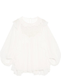Chloé Ruffled Guipure Lace Paneled Silk Crepon Blouse Off White
