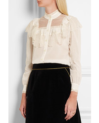 Saint Laurent Ruffled Lace Paneled Cotton And Silk Blend Blouse Ivory