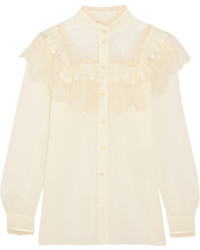 Saint Laurent Ruffled Lace Paneled Cotton And Silk Blend Blouse Ivory