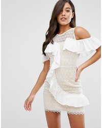 White Ruffle Lace Bodycon Dress