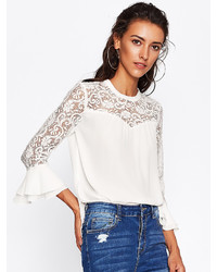 Shein Lace Neck Tiered Bell Sleeve Blouse