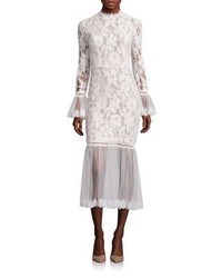 White Ruffle Lace Midi Dress