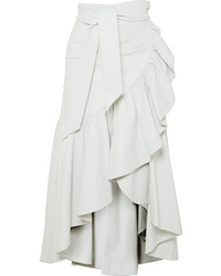 White Ruffle Leather Midi Skirt