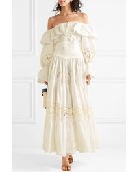 Dolce & Gabbana Off The Shoulder Tiered Broderie Anglaise Cotton Blend Poplin Midi Dress