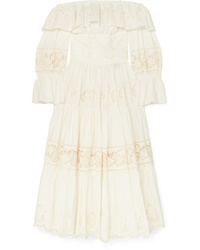 Dolce & Gabbana Off The Shoulder Tiered Broderie Anglaise Cotton Blend Poplin Midi Dress