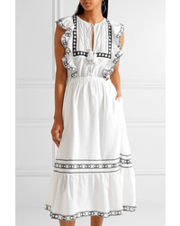 Sea Ruffled Crochet Trimmed Cotton Voile Midi Dress White