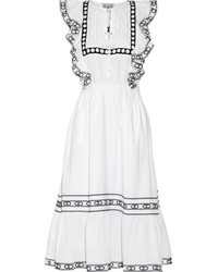 Sea Ruffled Crochet Trimmed Cotton Voile Midi Dress White