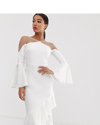 Yaura Sheer Insert Ruffle Frill Hem Midi Dress In White