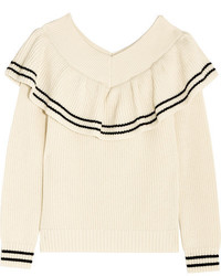 Self-Portrait Off The Shoulder Ruffled Ribbed Wool Blend Sweater Ivory