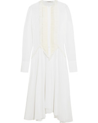 White Ruffle Silk Midi Dress