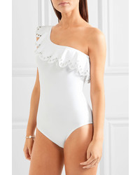 Karla Colletto Temptation One Shoulder Ruffled Embellished Swimsuit White
