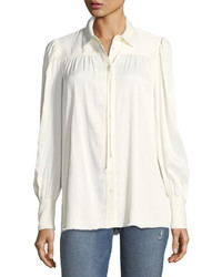 Frame Button Front Long Sleeve Satin Blouse W Tie Neck