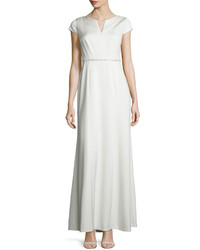 Kay Unger New York Crepe Back Belted Satin Gown White