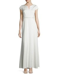 Kay Unger New York Crepe Back Belted Satin Gown White