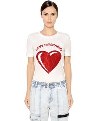 Love Moschino Heart Sequined Cotton Jersey T Shirt