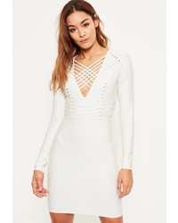 Missguided White Bandage Long Sleeve Strappy Bodycon Dress