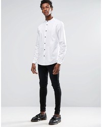 Asos Brand White Shirt With Grandad Collar And Contrast Texture Bib In Regular Fit