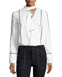 Derek Lam 10 Crosby Long Sleeve Ruffle Front Cotton Shirt White