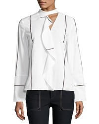 Derek Lam 10 Crosby Long Sleeve Ruffle Front Cotton Shirt White