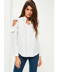 Missguided Petite White Frill Cold Shoulder Shirt