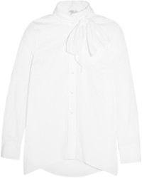 Brunello Cucinelli Pussy Bow Stretch Cotton Poplin Shirt White