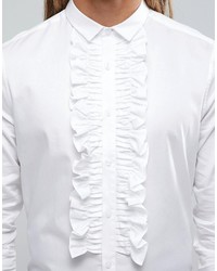 Asos Regular Fit Shirt With Ruffle Front In White