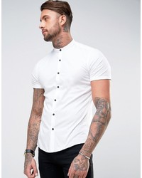 Asos Slim Shirt With Stretch And Grandad Collar With Contrast Buttons