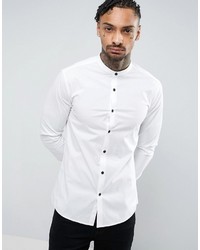 Asos Slim Shirt With Stretch In White With Grandad Collar And Contrast Buttons