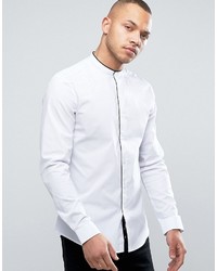 Asos Slim Shirt With Stretch In White With Grandad Collar And Piping