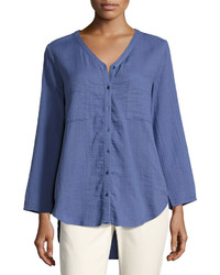 Eileen Fisher V Neck Organic Cotton Gauze Pocket Shirt Petite
