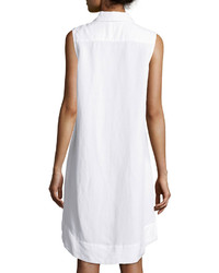 Joan Vass Button Front High Low Linen Blend Shirtdress Satin White