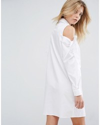 Asos Cotton Shirt Dress With Cold Shoulder And Tie Detail